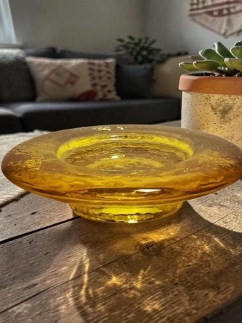 Fire and Light Recycled Glass Golden Amber Candle Holder Wine Caddy 6 1/4" EUC
